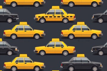 Fototapeta premium A cluster of yellow taxi cabs parked closely together. Suitable for transportation-themed designs