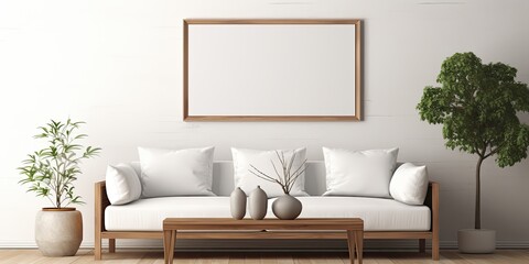 Home decor template for a stylish living room with a white sofa, wooden coffee table, silver accessories, and a mock-up poster frame.