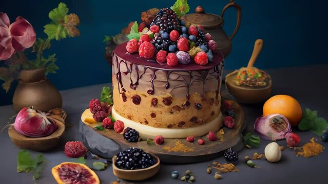 Berry cake with chocolate. AI