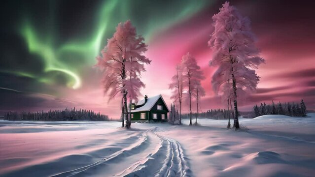 Winter landscape with house and northern lights.  