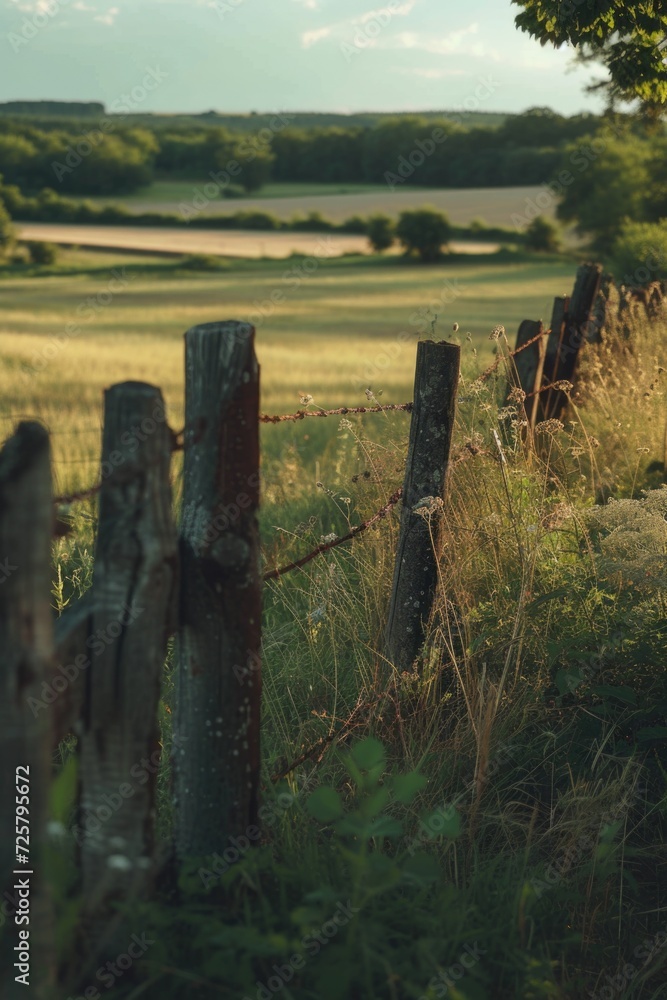 Poster a wooden fence stands in a grassy field with trees in the background. ideal for nature and countrysi
