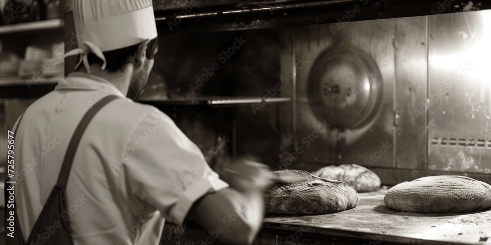 Poster a man in a chef's hat is putting bread into an oven. this image can be used to depict professional c