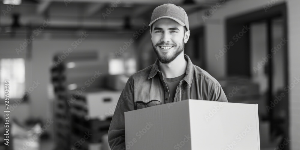 Poster a man is seen holding a box in a warehouse. this image can be used to illustrate concepts related to