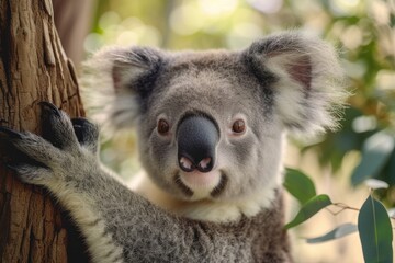 Close-up photograph of a koala resting on a tree. This image can be used to depict wildlife, nature, or Australian wildlife