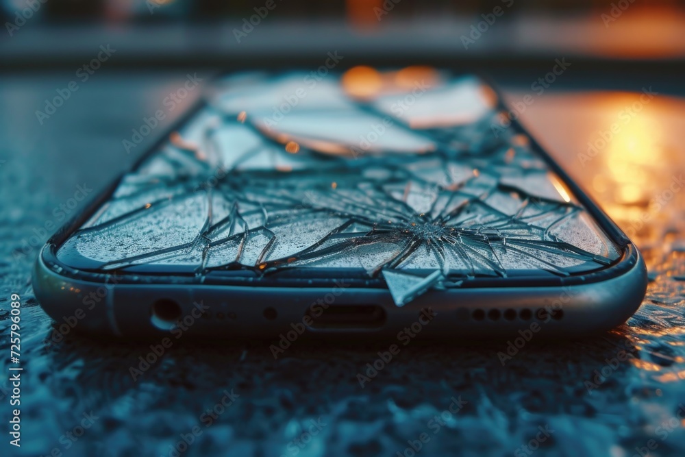 Poster a broken cell phone resting on a table. this image can be used to depict technology malfunction or t