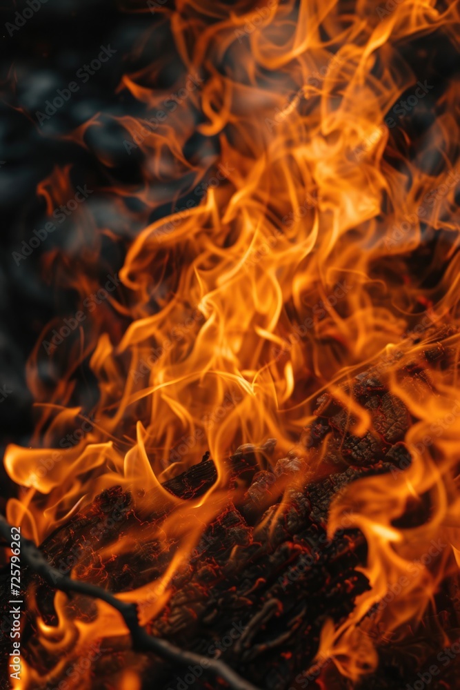 Poster a close-up view of fire burning brightly against a black background. this image can be used to depic