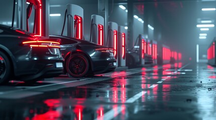 Electric cars charging in a modern Indoor facility.