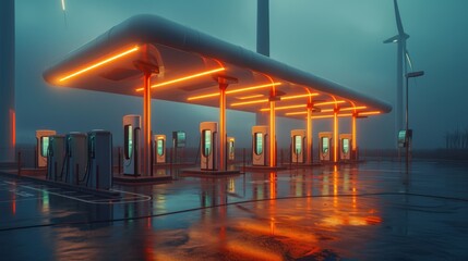 Futuristic electric vehicle charging station at dusk among wind turbines.
