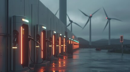 Futuristic electric vehicle charging station at dusk among wind turbines.
