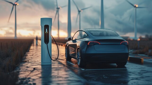 Electric sedan charging at dusk among wind turbines.
