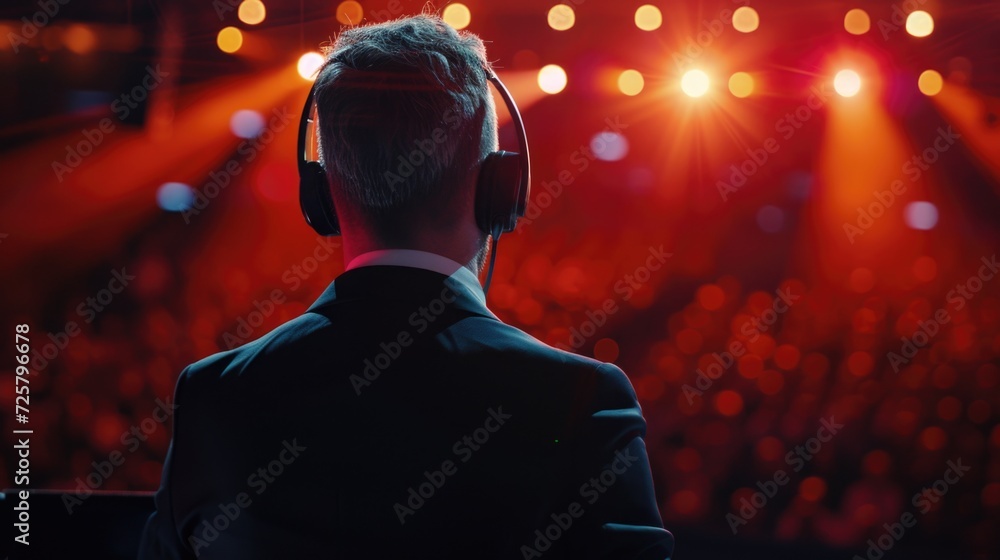 Poster A man wearing headphones stands in front of a stage. This image can be used to represent a musician or DJ performing on stage
