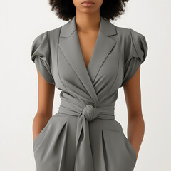 A monochromatic jumpsuit with a cinched waist, providing a chic and modern silhouette.


