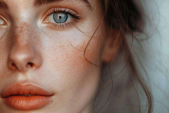 A detailed view of a woman's face showcasing her beautiful freckles. This image can be used to promote natural beauty or as a representation of diversity