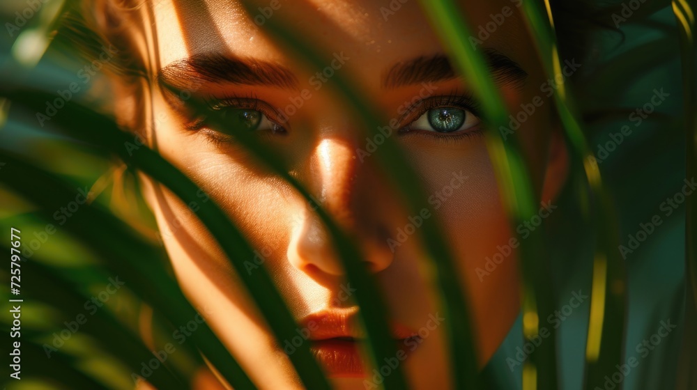 Poster close-up shot of a woman's face partially hidden behind a leaf. perfect for nature-themed projects o