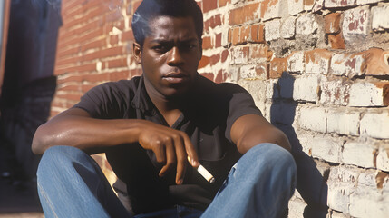 Setting 1987, a  male, 25, no facial hair, wearing a black shirt and blue jeans, smoking a cigar