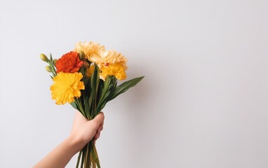 male hands holding a bouquet for March 8, on a light background, with space for text 