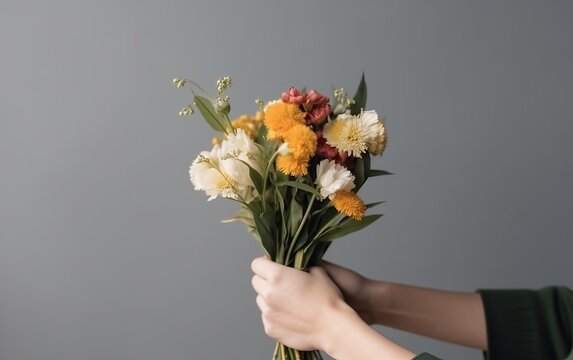 male hands holding a bouquet for March 8, on a light background, with space for text 