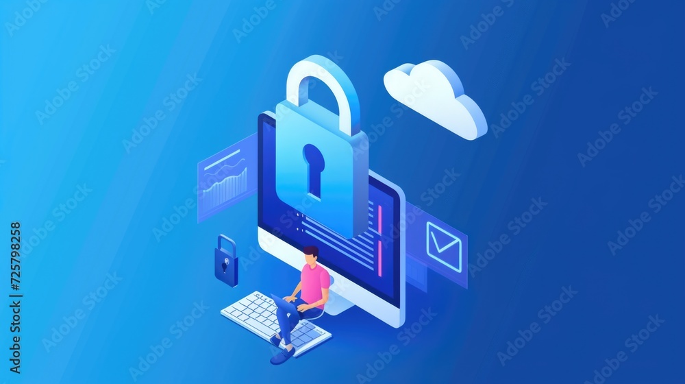 Aufkleber A person sitting in front of a computer with a padlock on it. This image can be used to represent cybersecurity, data protection, or online privacy