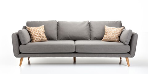 Stylish Scandinavian sofa with gray upholstery, legs, and pillows on white background.