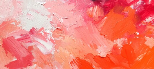Closeup of abstract rough colorful orange pink art painting texture, with oil acrylic brushstroke, pallet knife paint on canvas background banner panorama - obrazy, fototapety, plakaty