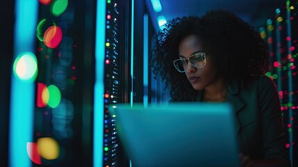 Young black woman using a laptop in a dark server room. Expertise in action as the IT support engineer troubleshoots technical issues.
