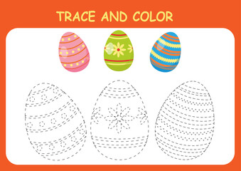 Children's worksheet coloring and tracing.Easter eggs.