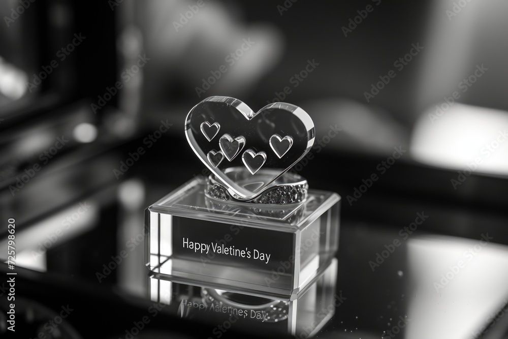 Poster two glass hearts placed on a table surface. perfect for expressing love and affection in various set