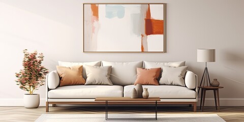 Contemporary living room design with poster frame, sofa, table, decor, pillow, and accessories.