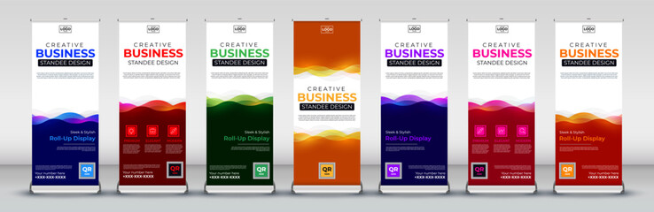 modern Roll up banner vertical template design for events, brochure, flyer, infographics, x banner and flag banner advertising in blue, red, green, yellow, purple, pink and orange