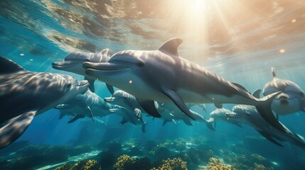 Group of dolphins seen from underwater in blue ocean view with sunlight for animal background. Created with Generative AI