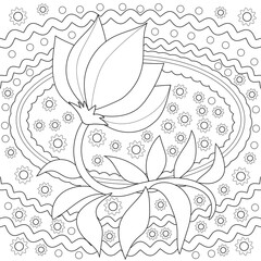 a flower on a background of stars and wavy stripes. a floral pattern. a fancy black-and-white contour picture. a hand-drawn drawing. decorative cover. coloring book for children and adults.
