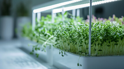 Fresh microgreens growing in planter, illuminated by a grow light