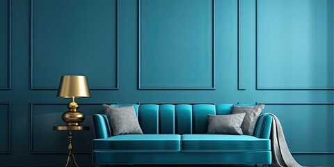 Blue sofa with decorative pillows in teal blue room with molding, white curtains, and black lamp.