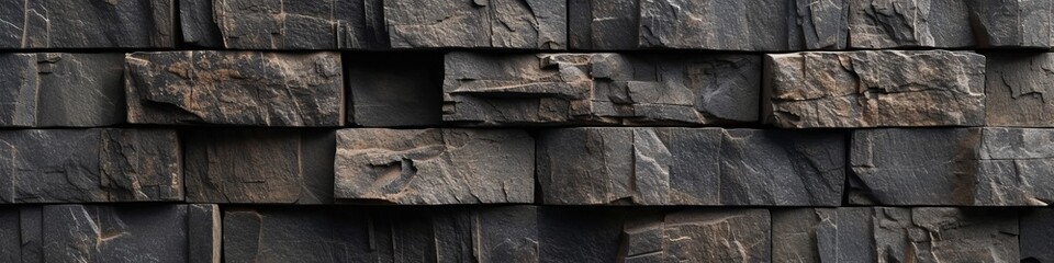 3D wall of dark, rough granite blocks, irregularly stacked, offering a raw, natural aesthetic with a tactile feel.