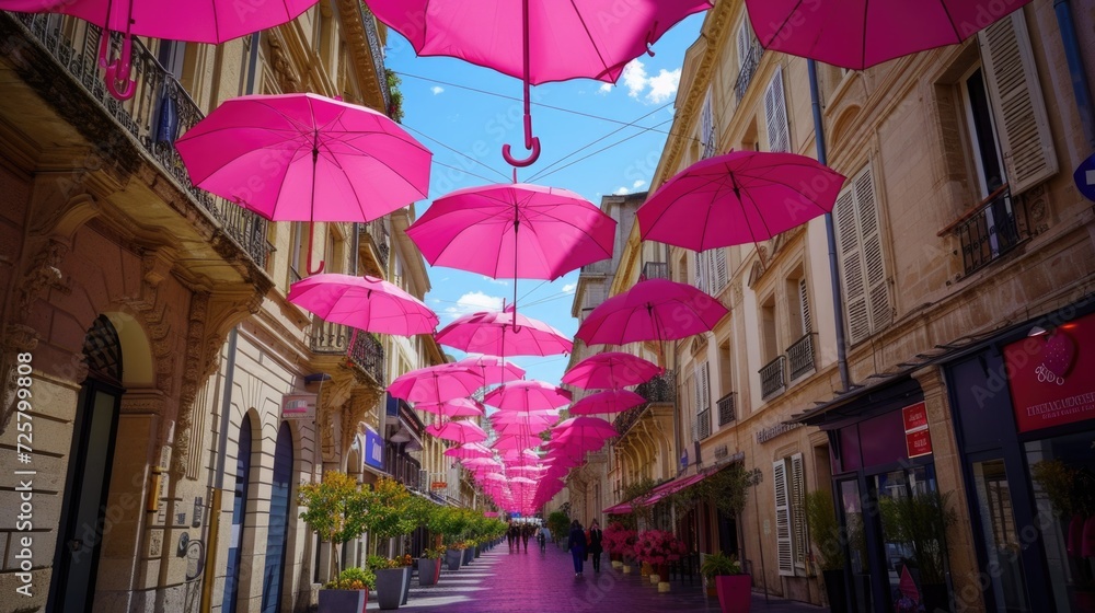 Poster Pink umbrellas hanging from the ceiling of a street. Perfect for adding a colorful touch to any urban environment