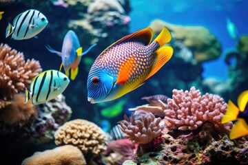 Fish over a coral reef in the sea.