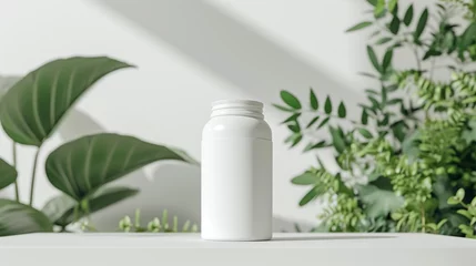 Poster A mockup of a blank supplement bottle sitting on a wooden table with plants besides, minimal and clean style © Lucas