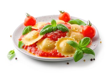 Ravioli with tomato sauce and basil on white background