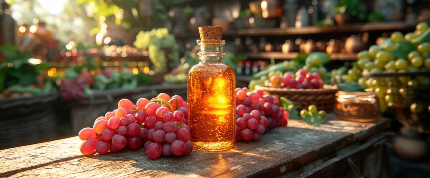 Grape Seed Oil Bottle Selective Focus, Background Banner For Business, Desktop Background