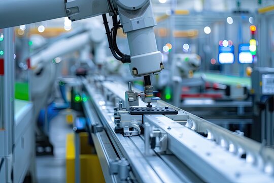 Robotic arm for electronic assembly line. Smart modern factory automation using advanced machines.