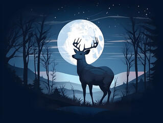 Deer at night standing in the light of the full moon