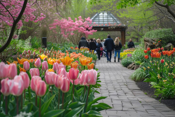 botanical garden filled with a variety of spring flowers in full bloom
