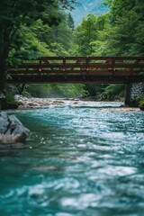 A wooden bridge spanning a river in a serene forest. Perfect for nature-themed projects and outdoor adventure concepts