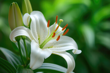 close-up of a blooming lily, its white petals pure and pristine