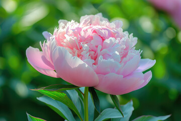 close-up of a peony flower in a garden, its pink petals unfurling in the spring sun