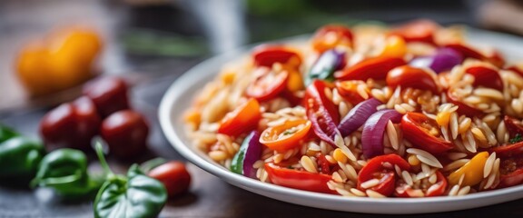 Roasted pepper and chorizo orzo salad includes red peppers, red onion, chorizo, cherry tomatoes,...