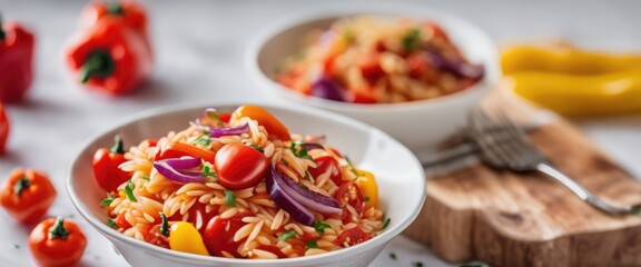 Roasted pepper and chorizo orzo salad includes red peppers, red onion, chorizo, cherry tomatoes, and orzo pasta - obrazy, fototapety, plakaty