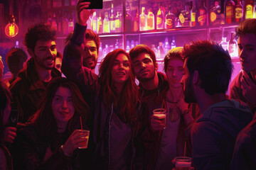 group of friends taking a selfie in a bar, with drinks and a crowd