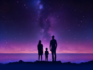 Silhouettes of family in the night sky with stars 