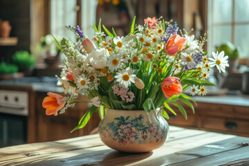rustic wooden table adorned with a spring floral arrangement. The flowers are a mix of daisies, tulips, and hyacinths, their colors vibrant and fresh